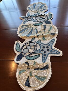 At Home Handcrafted Beaded Nautical Table runner,turtle,starfish,shells,jute